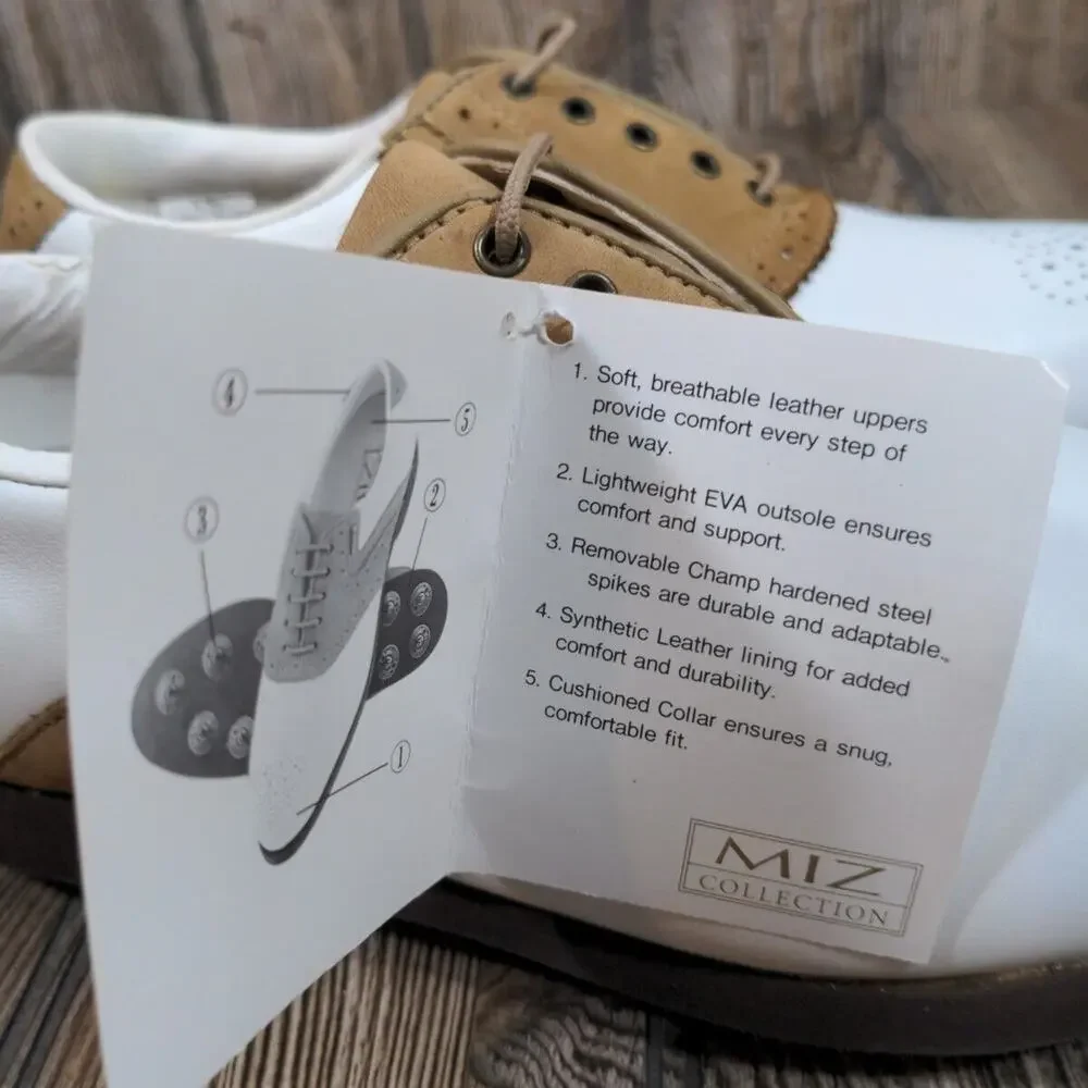 Mizuno Women Metal Cleat Golf Shoes White Brown‎ Saddle Classic Sz 8 Waterproof